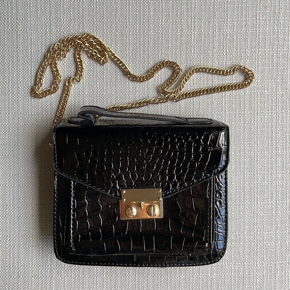 Black faux crocodile leather mini crossbody bag